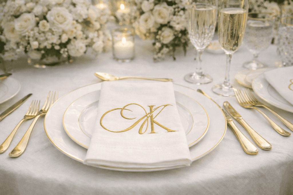 Custom Old Money wedding monogram on elegant wedding napkin table setting