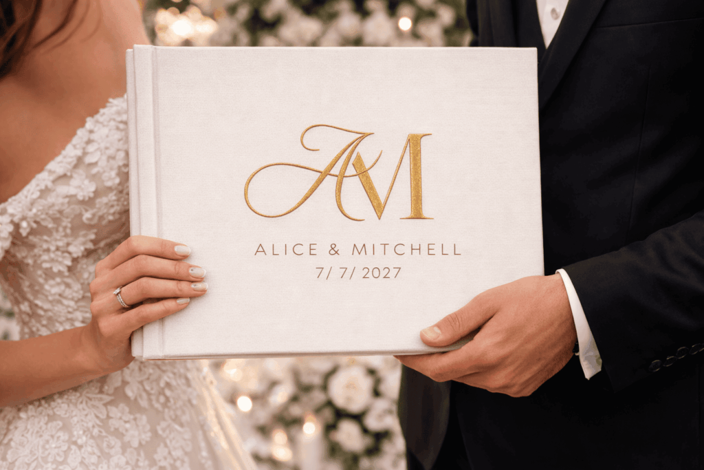 Custom wedding monogram printed on elegant wedding photo album cover