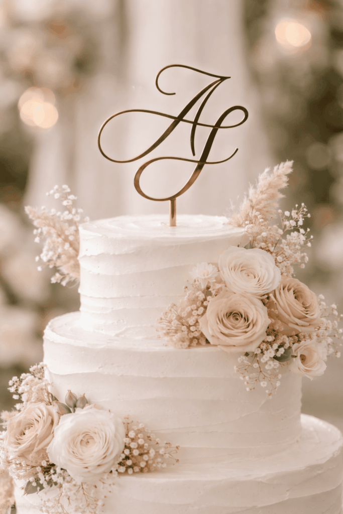 Custom calligraphy wedding monogram used as an elegant cake topper