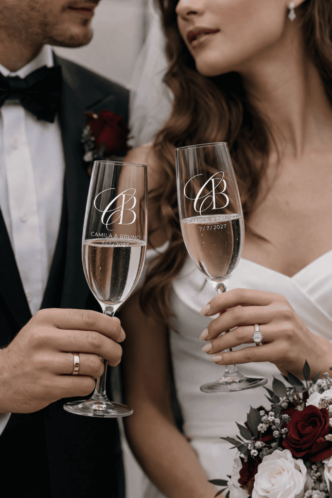 Old money wedding monogram engraved on personalized champagne glasses