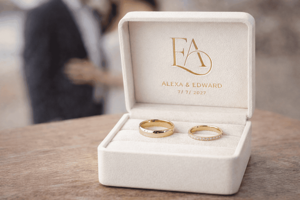 Custom wedding monogram featured on a luxury wedding ring box