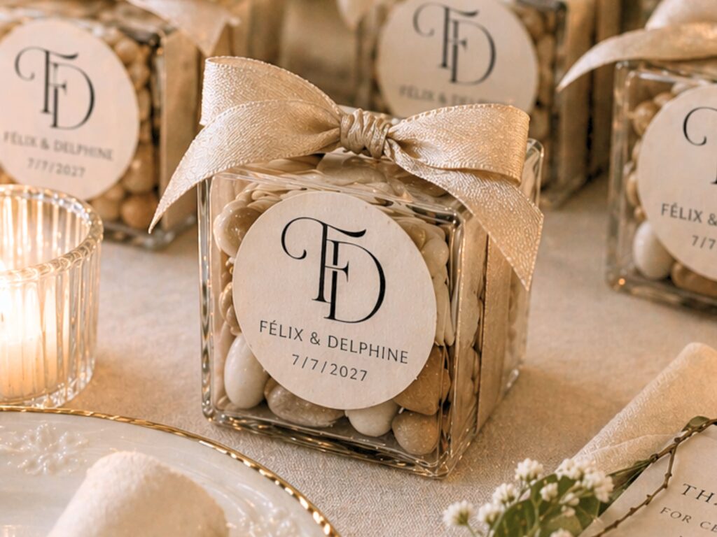 Classic wedding monogram printed on personalized wedding favor packaging