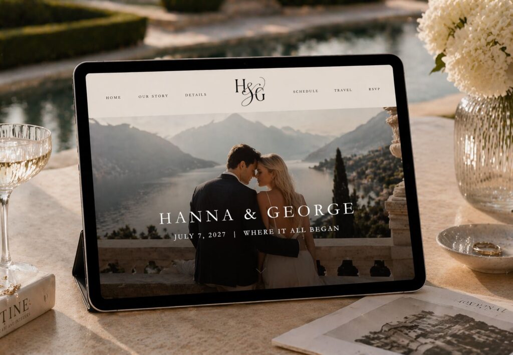 Elegant wedding website template displayed on tablet screen