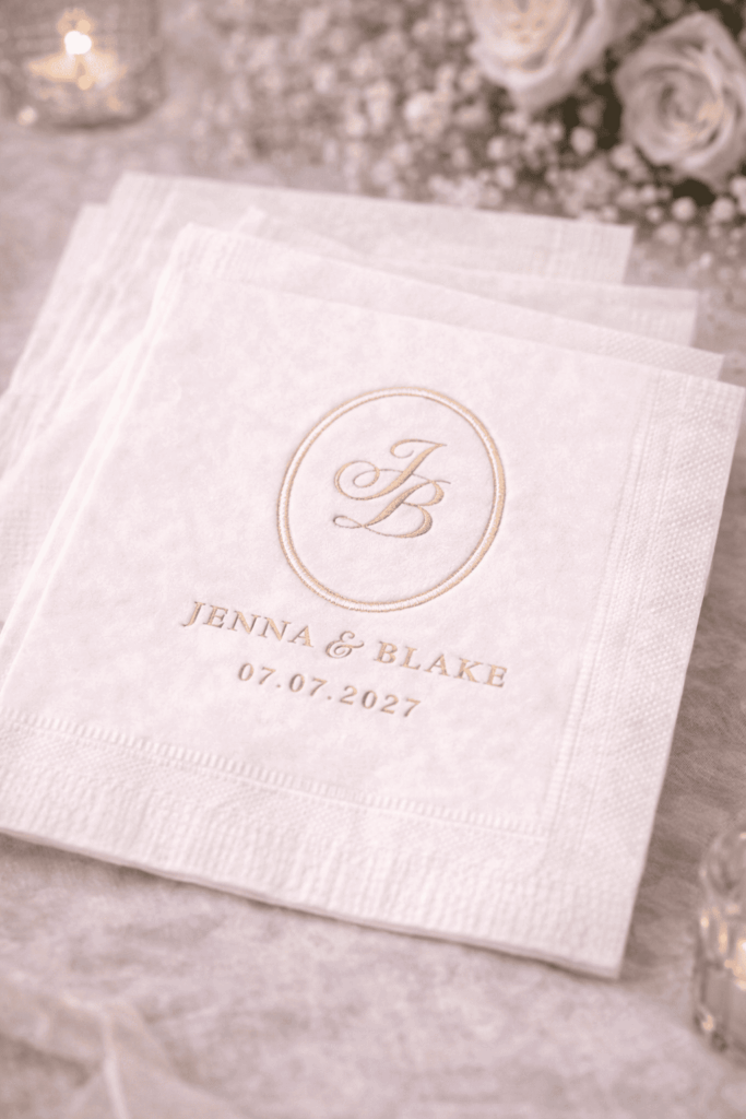 Oval wedding monogram printed on elegant wedding napkins