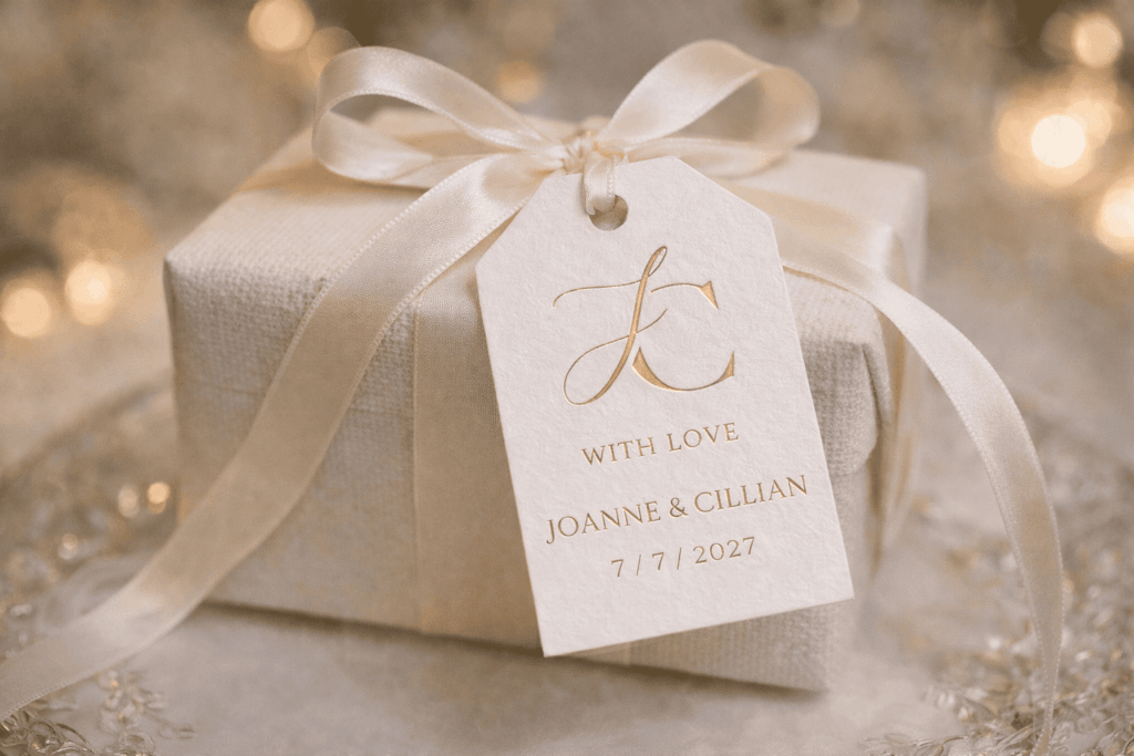 Old money wedding monogram printed on luxury favor tag