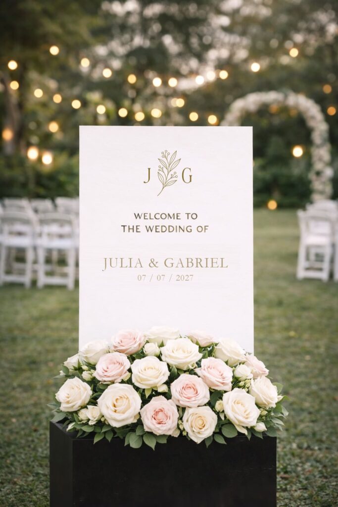 Botanical wedding welcome sign featuring a custom wedding monogram