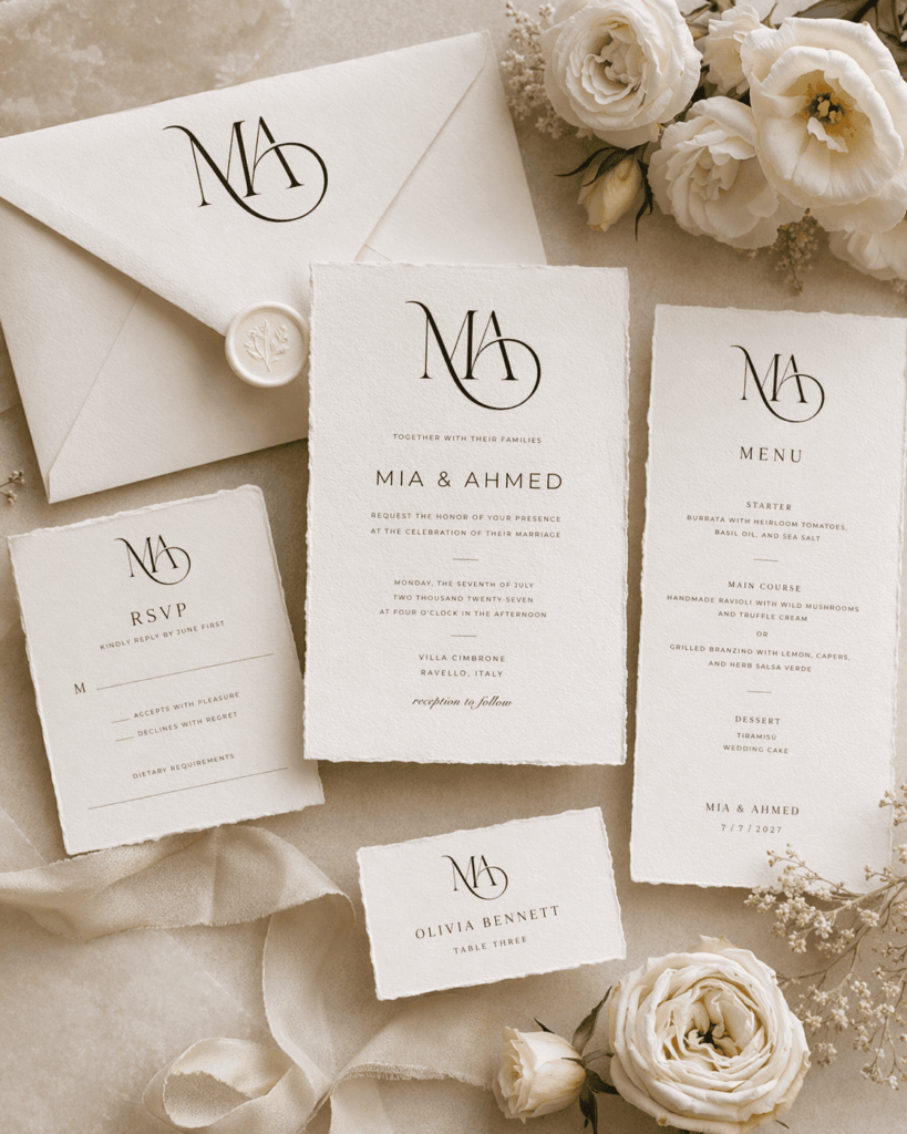 Luxury wedding invitation suite featuring a custom signature wedding monogram