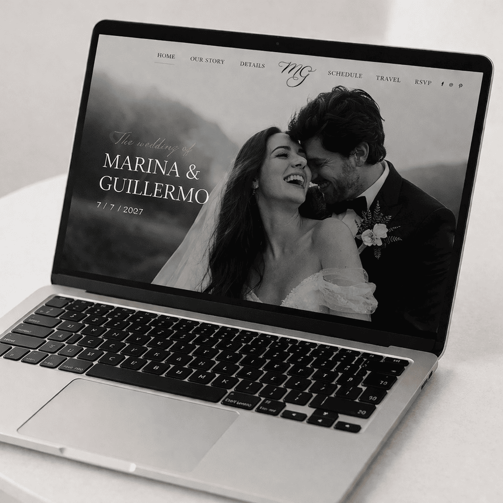 Custom wedding website template displayed on laptop screen