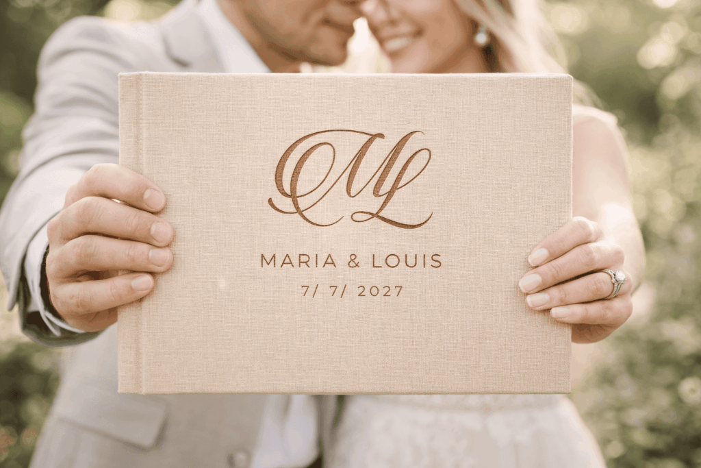 Calligraphy wedding monogram printed on personalized wedding album
