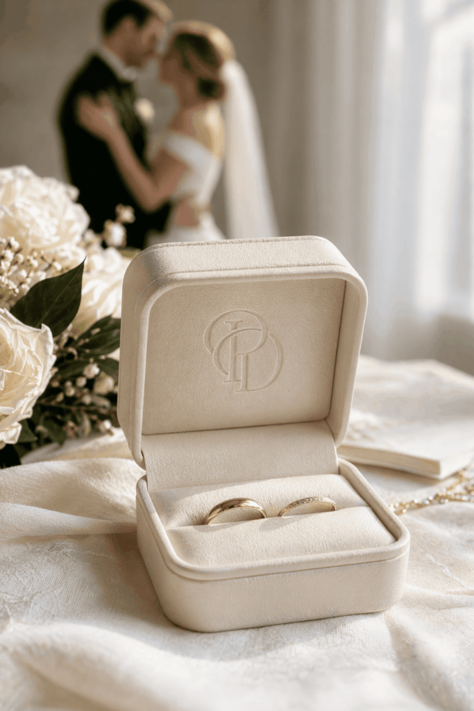 Classic wedding monogram featured on an elegant wedding ring box