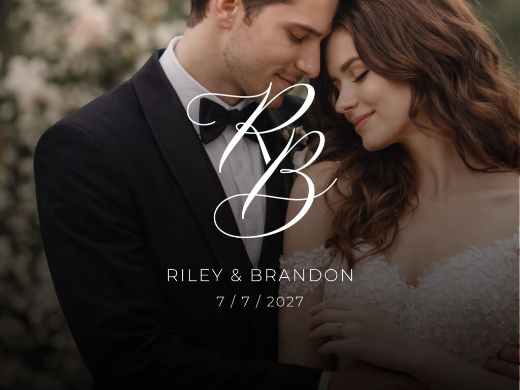 Calligraphy wedding monogram displayed with modern wedding photography
