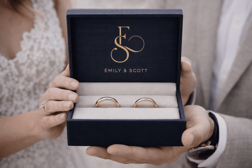 Luxury signature wedding monogram on personalized wedding ring box