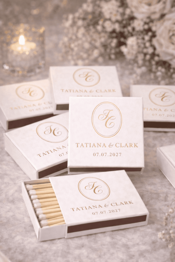 Oval wedding monogram printed on custom wedding matchboxes