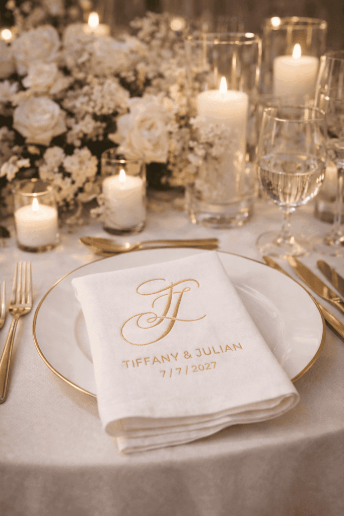 Custom calligraphy wedding monogram embroidered on elegant wedding napkin