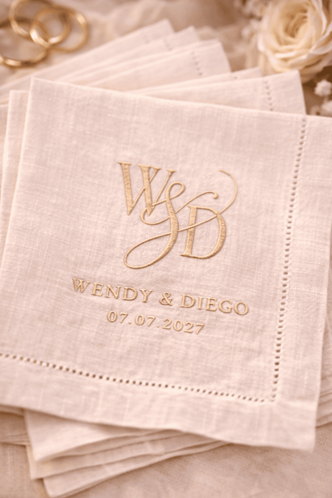 Ampersand wedding monogram embroidered on luxury wedding napkin