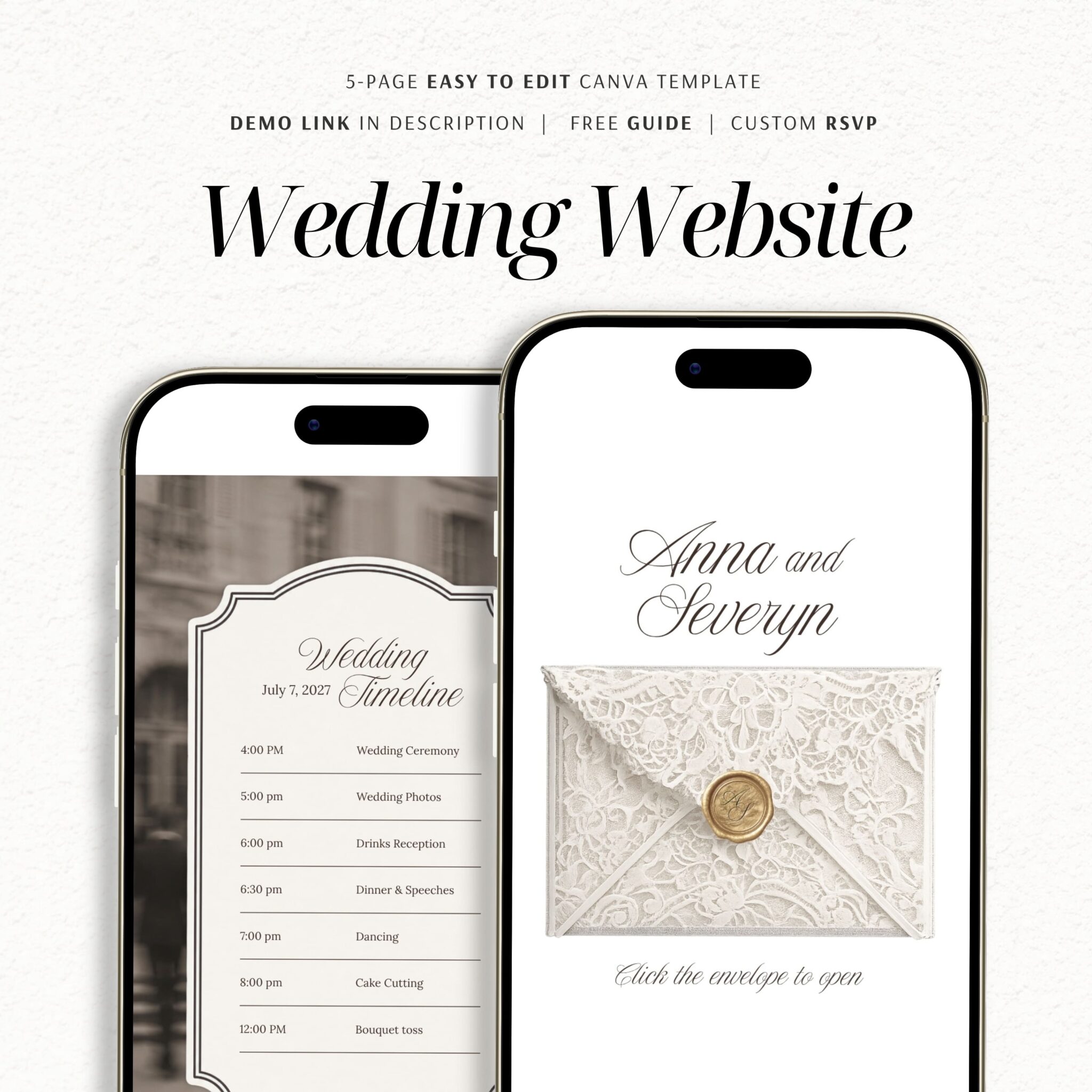 Ivory Classic Lace Wedding Website Template with RSVP