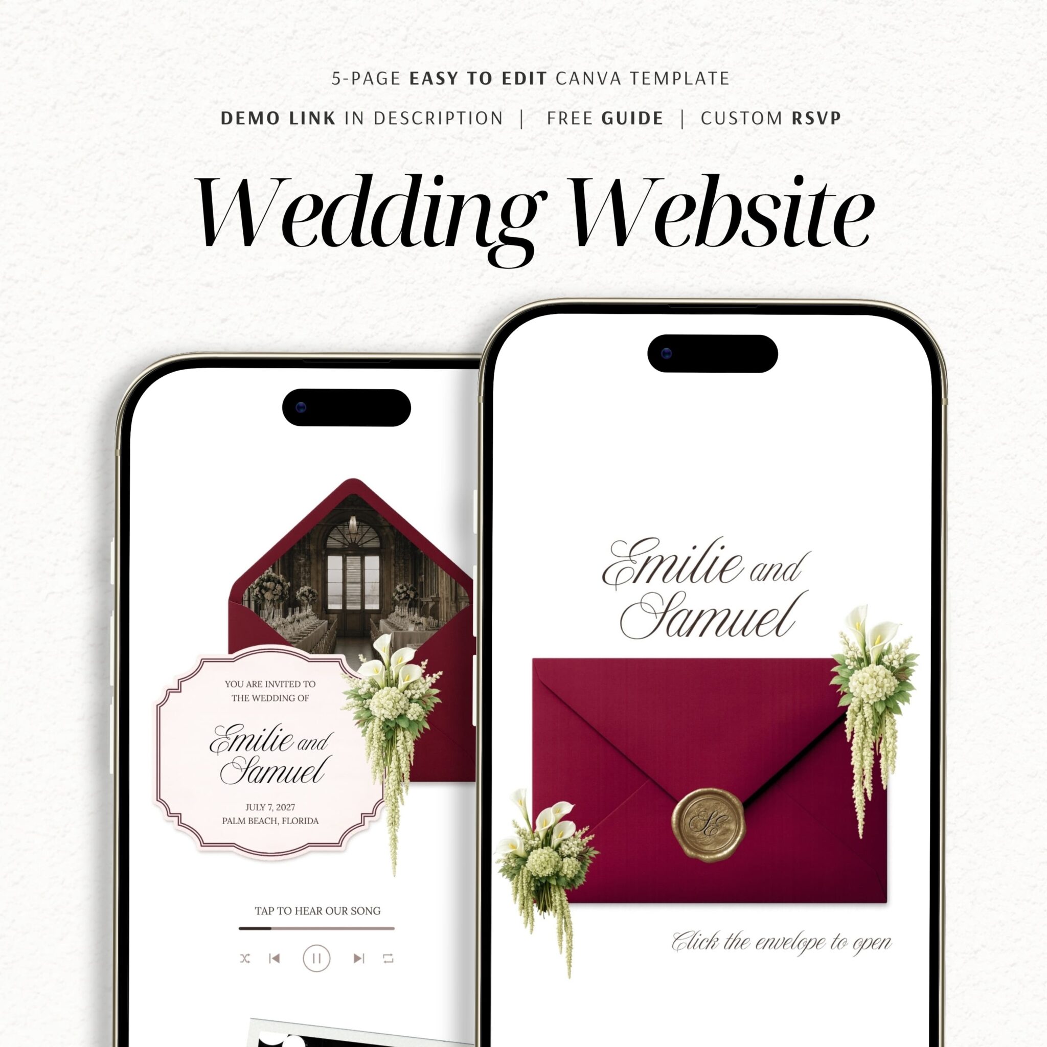 Burgundy Old Money Wedding Website Template with RSVP