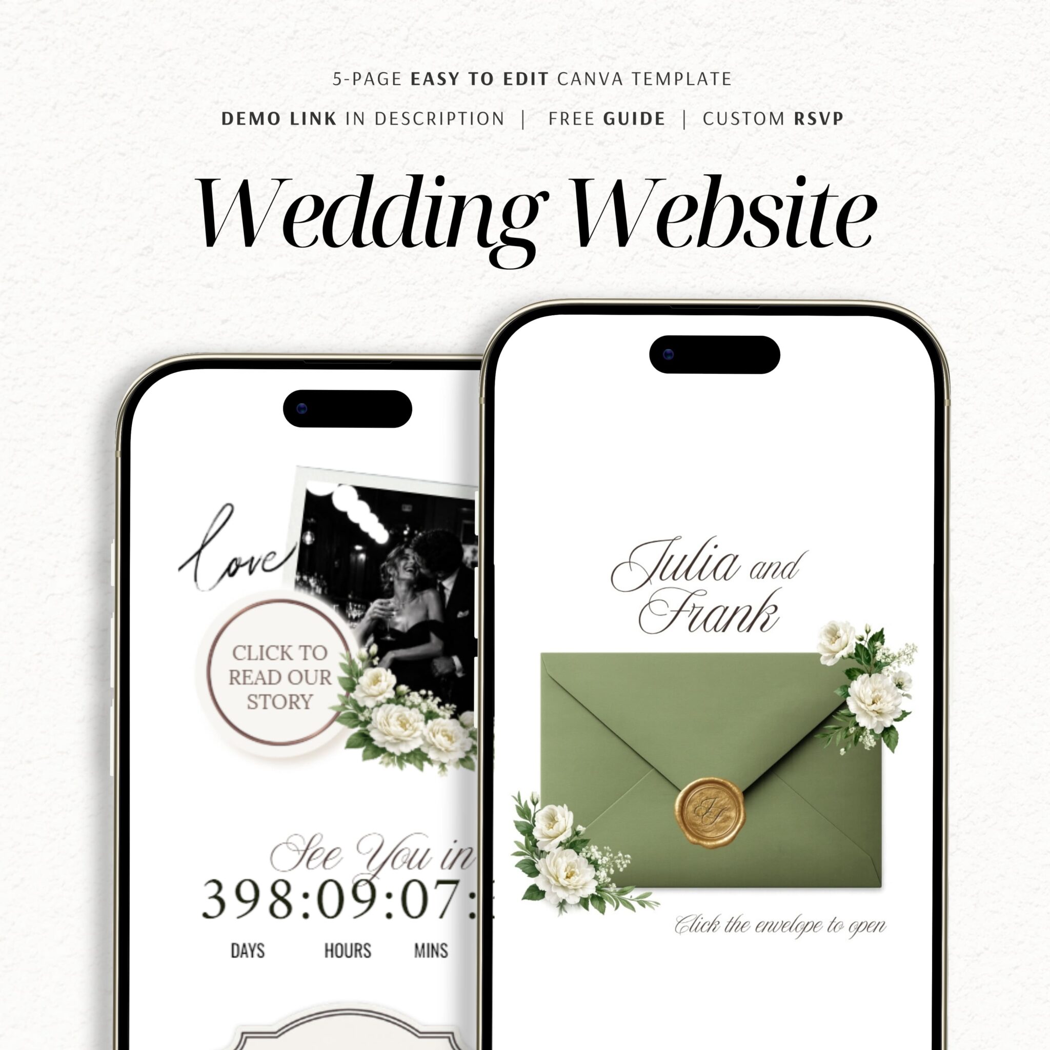 Sage Green Wedding Website Template with RSVP