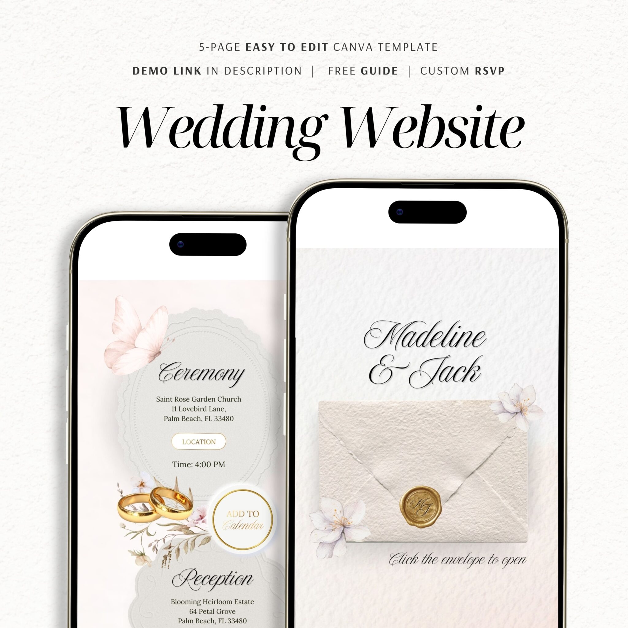 Ivory Love is in Bloom Wedding Website Template with RSVP
