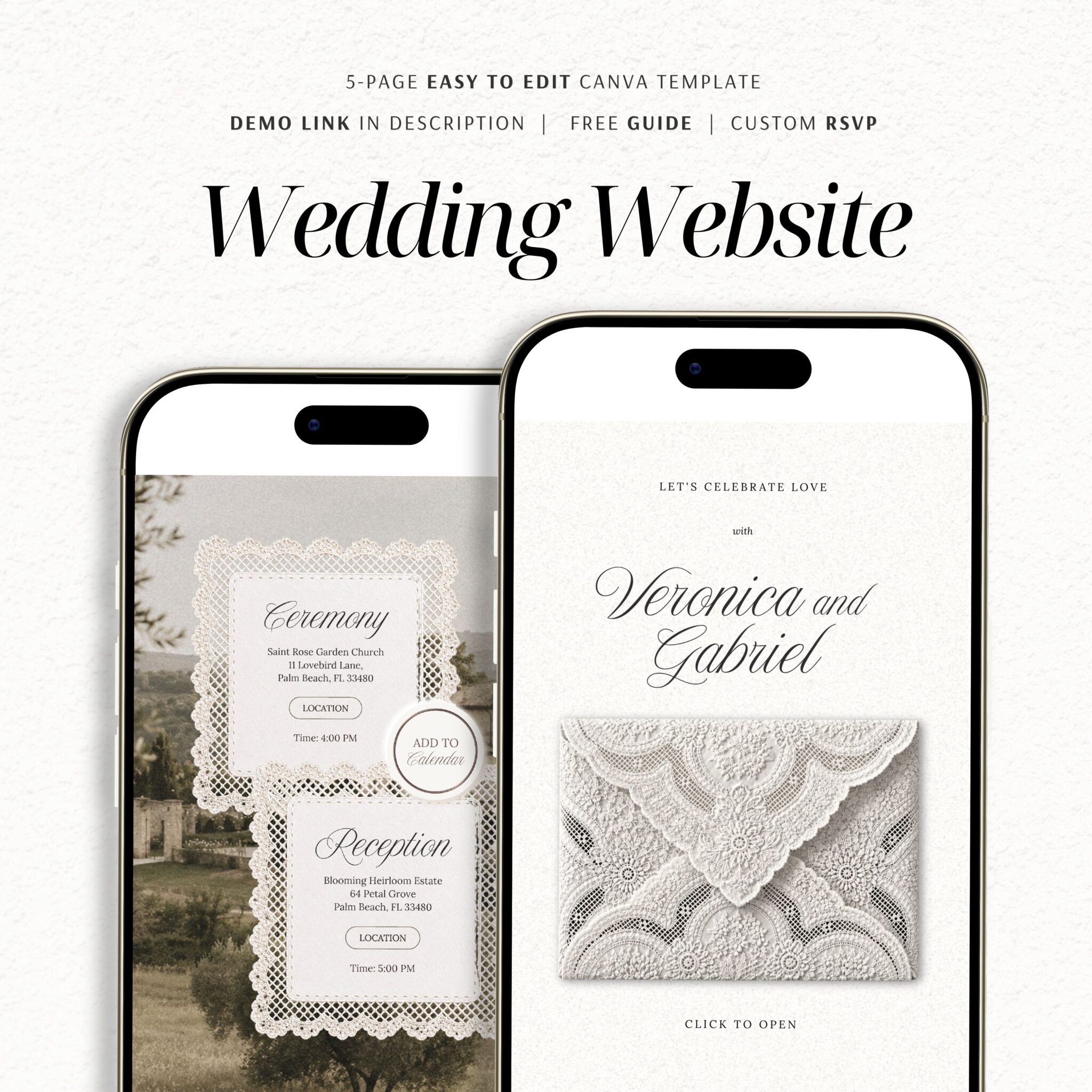 Rustic Lace Wedding Website Template with RSVP