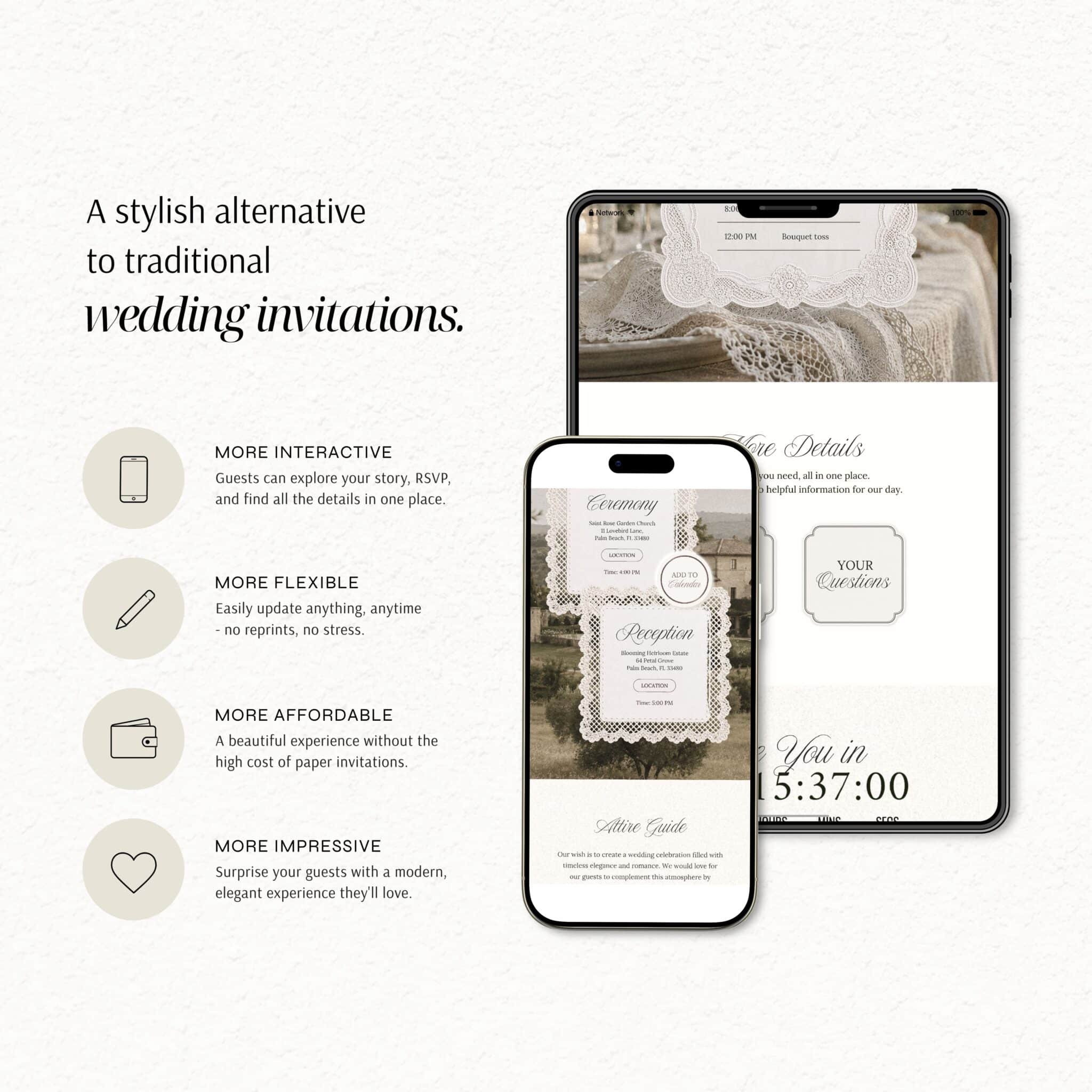 Rustic Lace Wedding Website Template on mobile phone